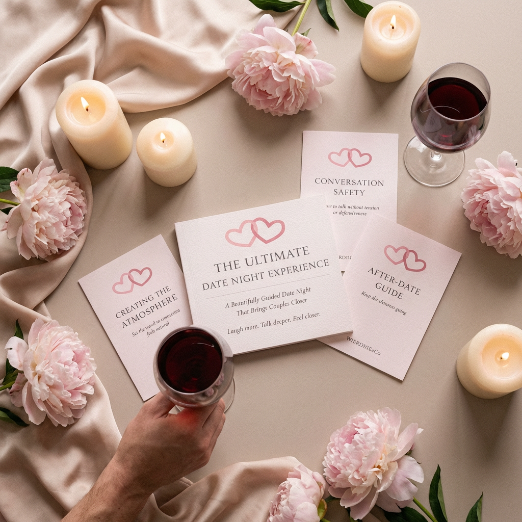 Date night experience cards with candles and flowers on a table
